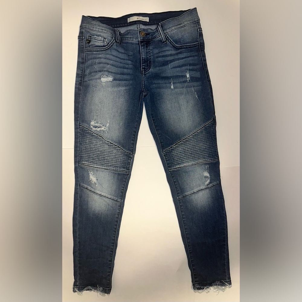 Kancan Womens Blue Distressed Moto Jeans Size 7/27 Rock Raw Hem Skinny Dark Wash